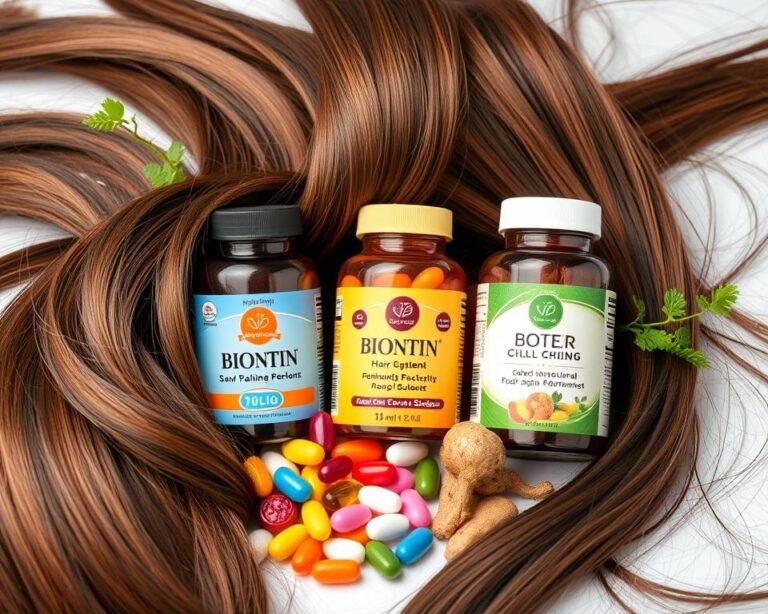 Bottles of hair growth supplements placed on shiny, long, healthy women's hair, representing natural hair care and nourishment.