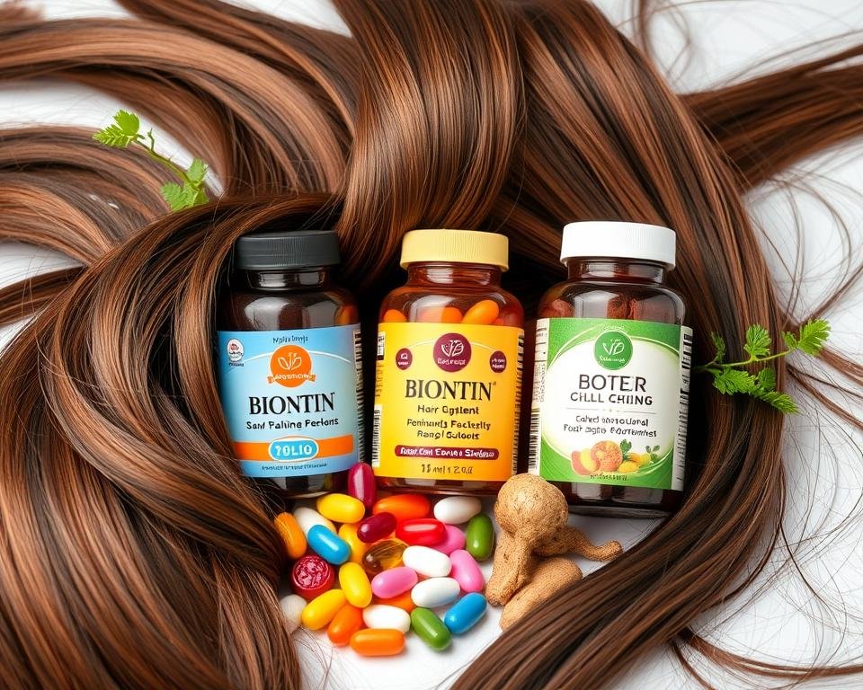 Bottles of hair growth supplements placed on shiny, long, healthy women's hair, representing natural hair care and nourishment.