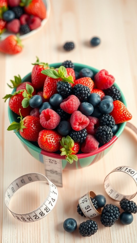 A bowl filled with a variety of fresh berries including strawberries, blueberries, raspberries, and blackberries, surrounded by measuring tapes.