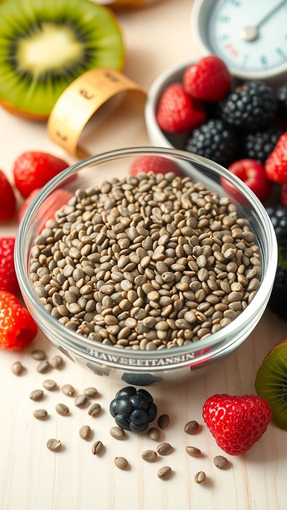A bowl of chia seeds surrounded by colorful fruits and a measuring tape, symbolizing health and weight loss.