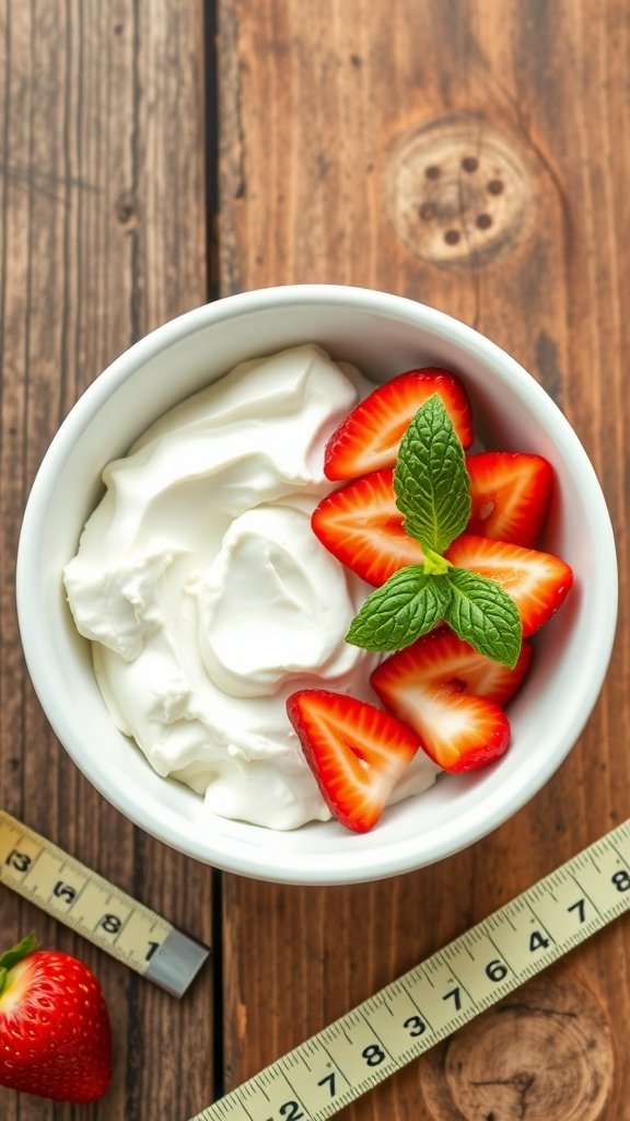 Bowl of cottage cheese topped with strawberries and mint on wooden table with measuring tape