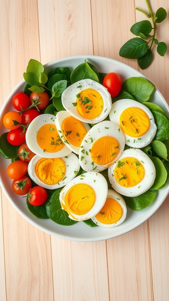 A plate of sliced boiled eggs on a bed of spinach with cherry tomatoes
