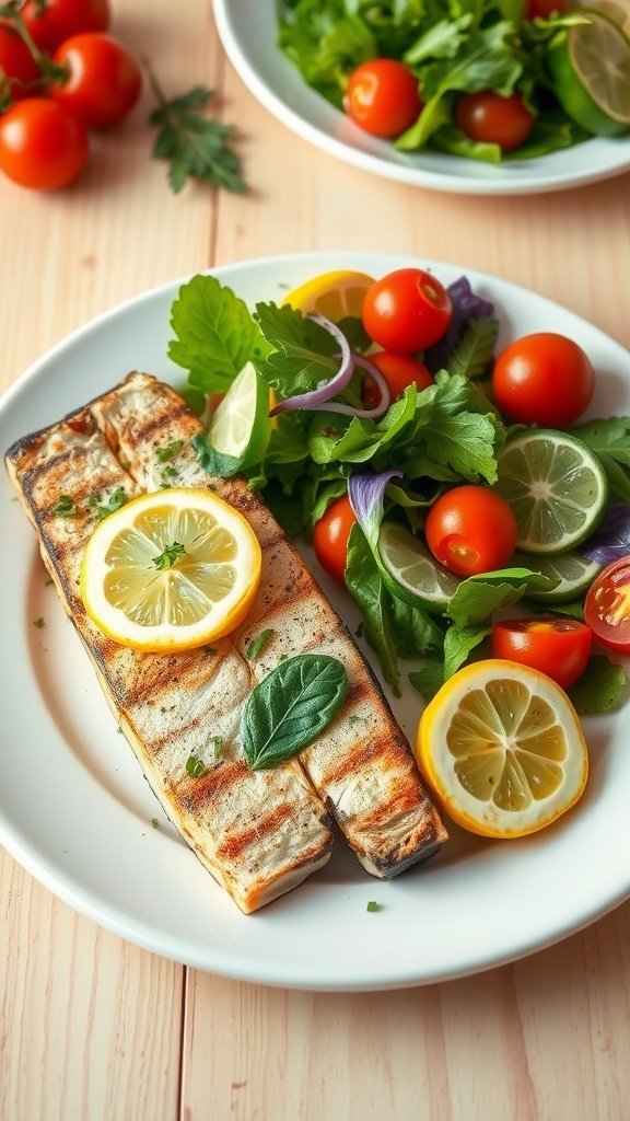 Grilled fish fillet with lemon and a fresh salad on a white plate