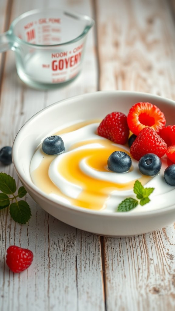 Bowl of Greek yogurt topped with fresh berries and honey on a wooden surface
