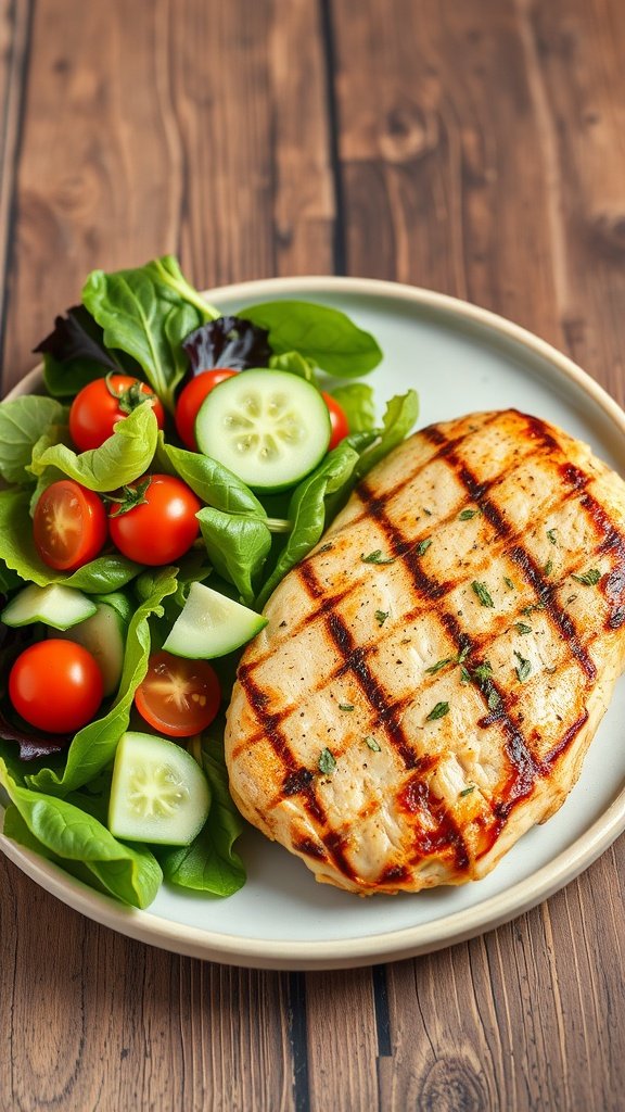 A plate with grilled chicken breast and a fresh salad, representing a healthy meal option.