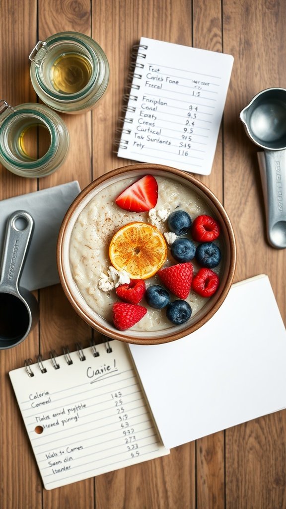 A bowl of oatmeal topped with strawberries, blueberries, and an orange slice, surrounded by measuring tools and a notepad with calorie counts.