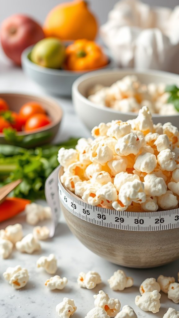 A bowl of popcorn surrounded by fresh fruits and vegetables, illustrating a healthy snack choice.