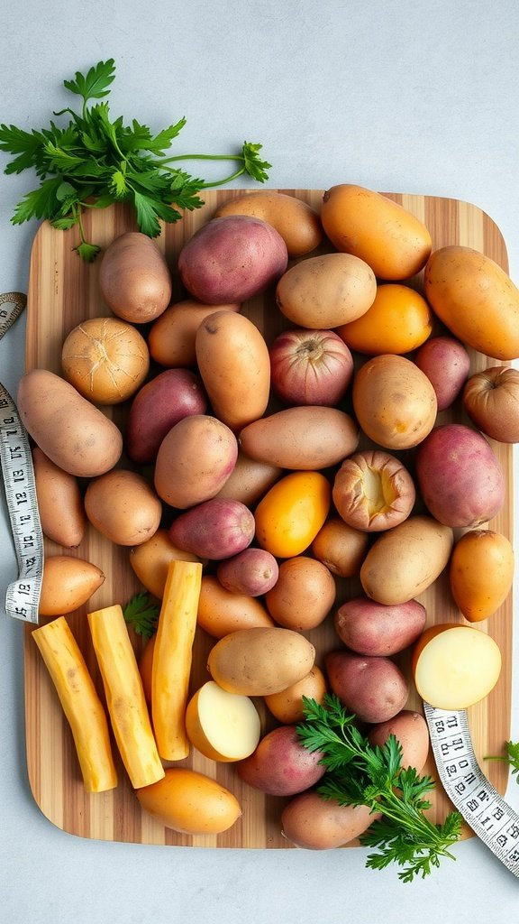 A variety of potatoes displayed on a wooden cutting board with parsley and measuring tape.