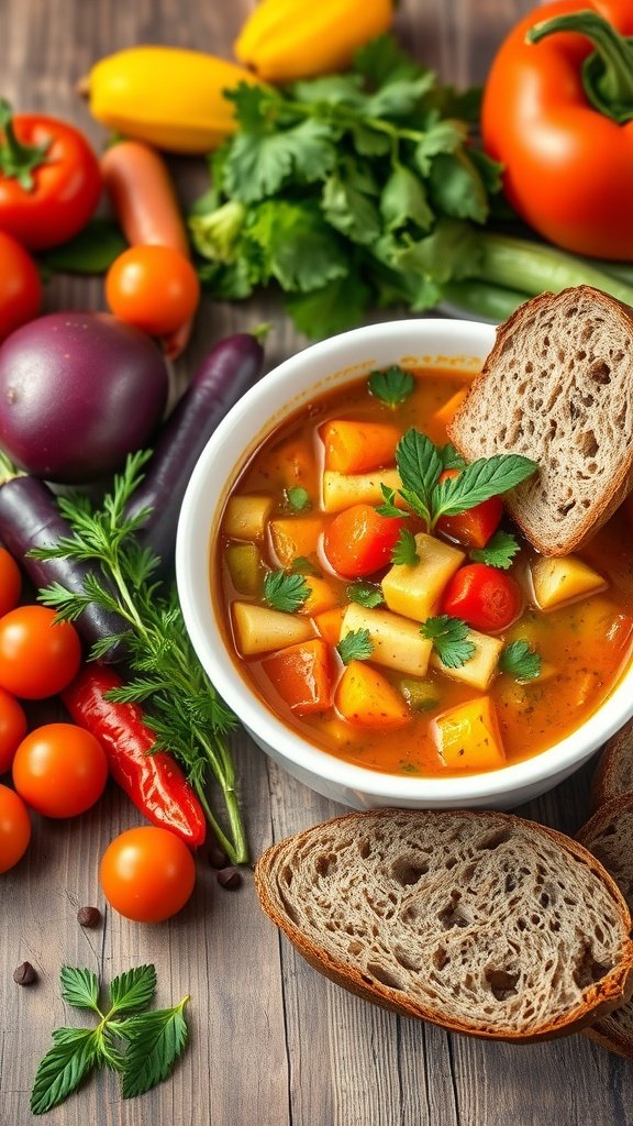 A bowl of colorful vegetable soup surrounded by fresh vegetables and a slice of bread.