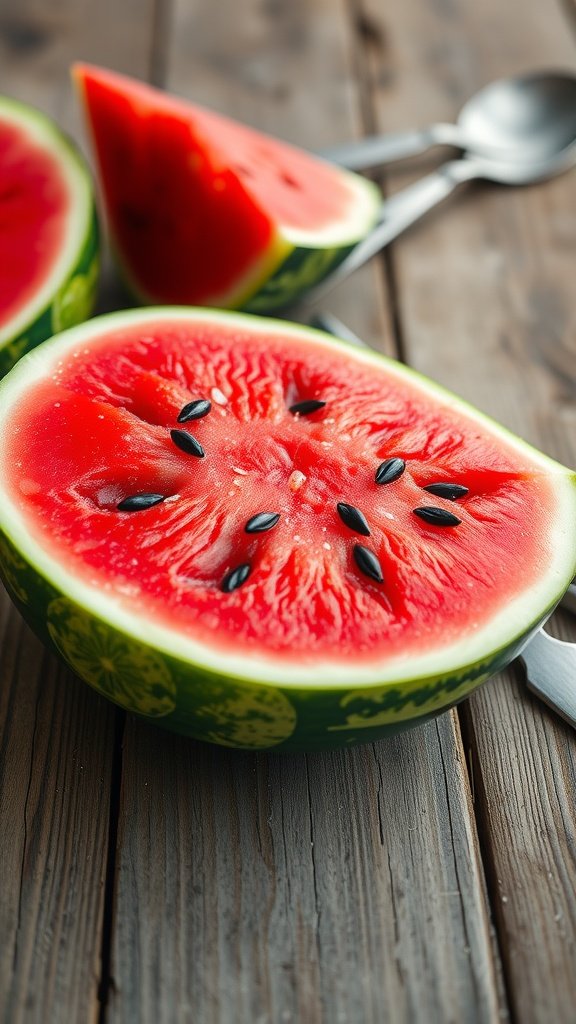 Freshly cut watermelon slices on a wooden table, showcasing its vibrant red color and black seeds.