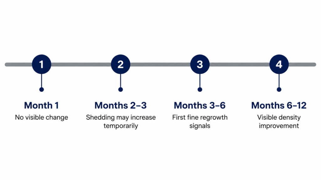 hair loss treatment timeline showing expected progress from month one through twelve months