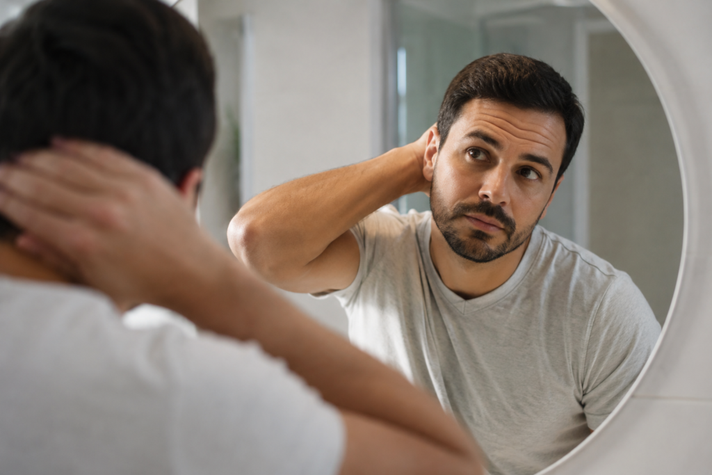 man checking the stage of his hair loss pattern in the mirror