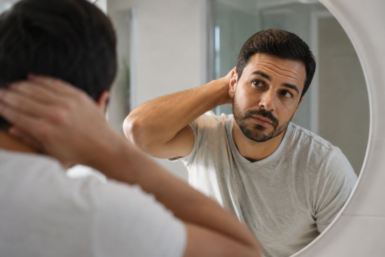 man checking the stage of his hair loss pattern in the mirror