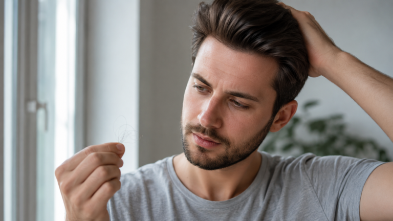 man examining thinning hair strands to understand the cause